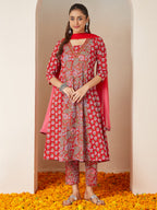 Janasya Women's Red Pure Cotton Floral Printed A-line Kurta Set