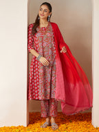 Janasya Women's Red Pure Cotton Floral Printed A-line Kurta Set
