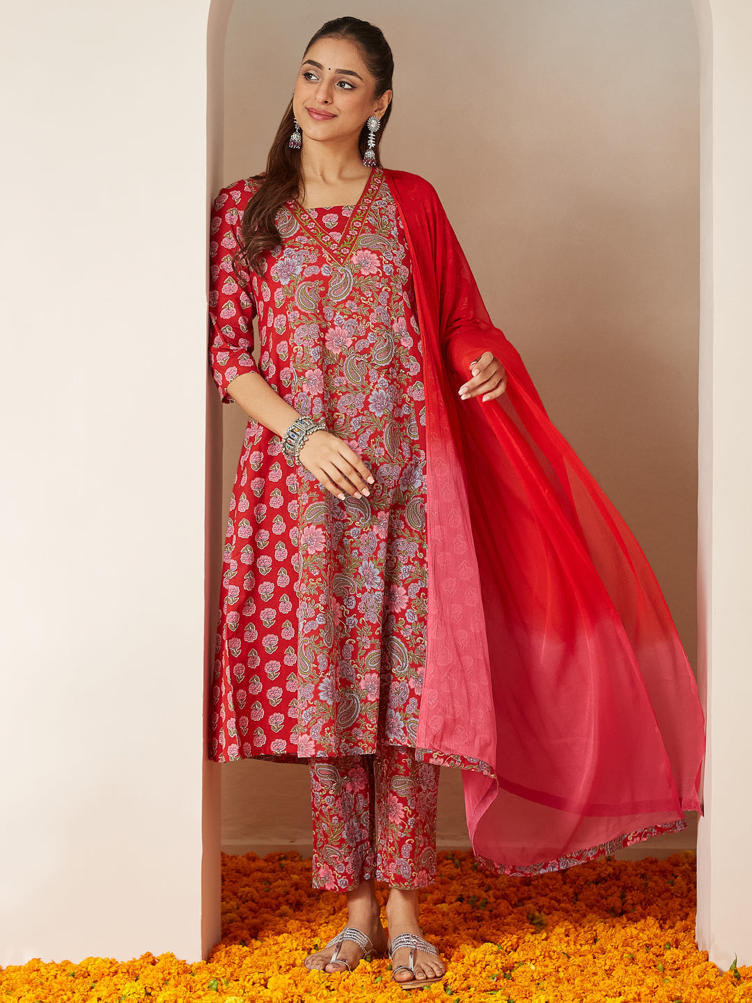 Janasya Women's Red Pure Cotton Floral Printed A-line Kurta Set