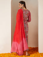 Janasya Women's Red Pure Cotton Floral Printed A-line Kurta Set