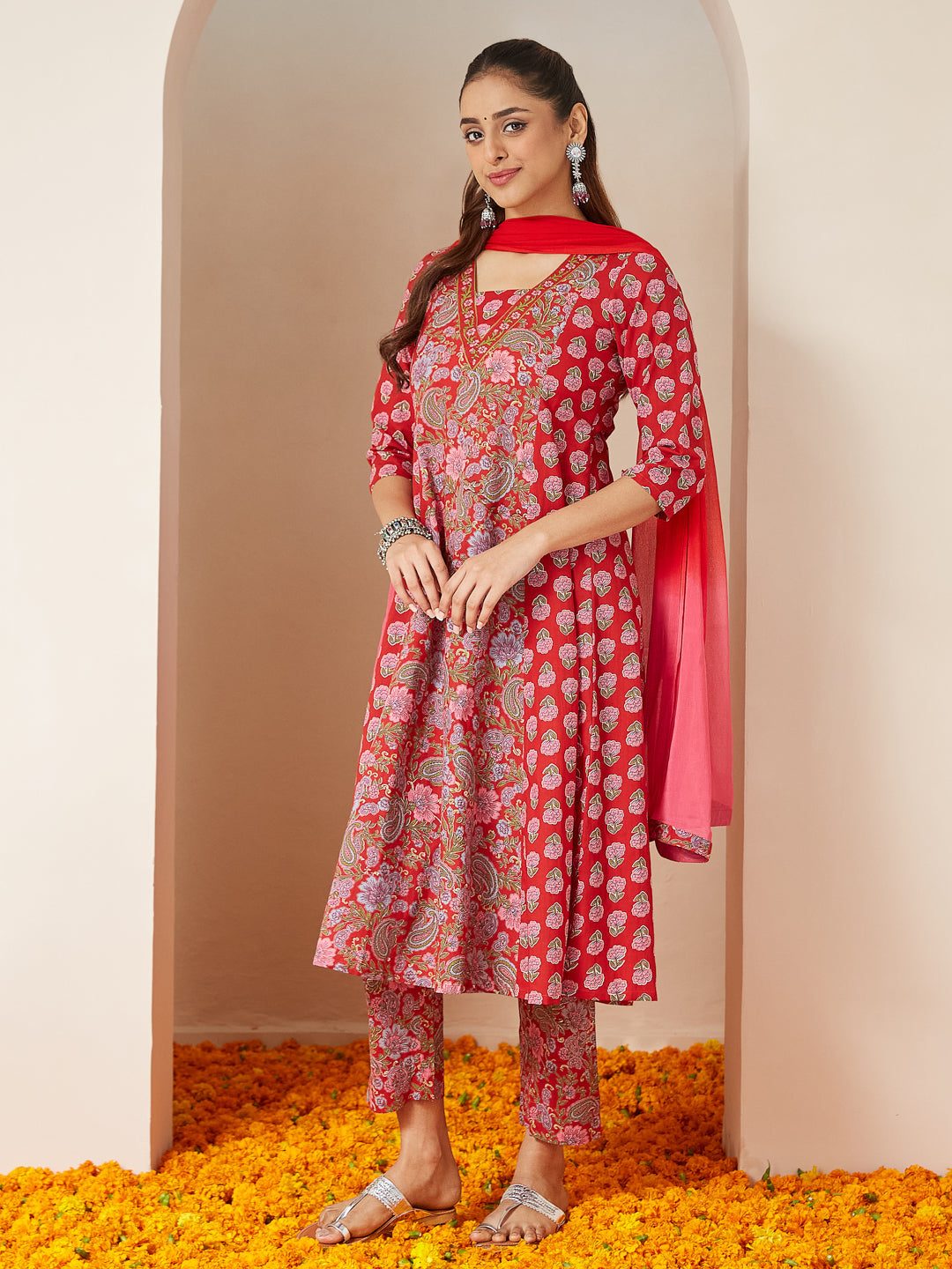 Janasya Women's Red Pure Cotton Floral Printed A-line Kurta Set