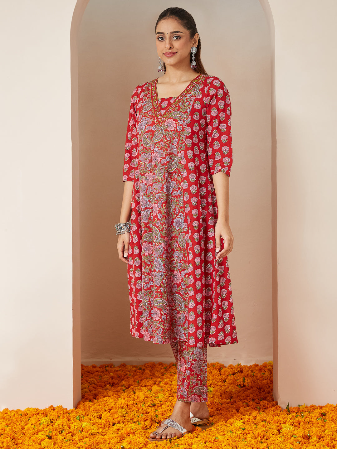Janasya Women's Red Pure Cotton Floral Printed A-line Kurta Set