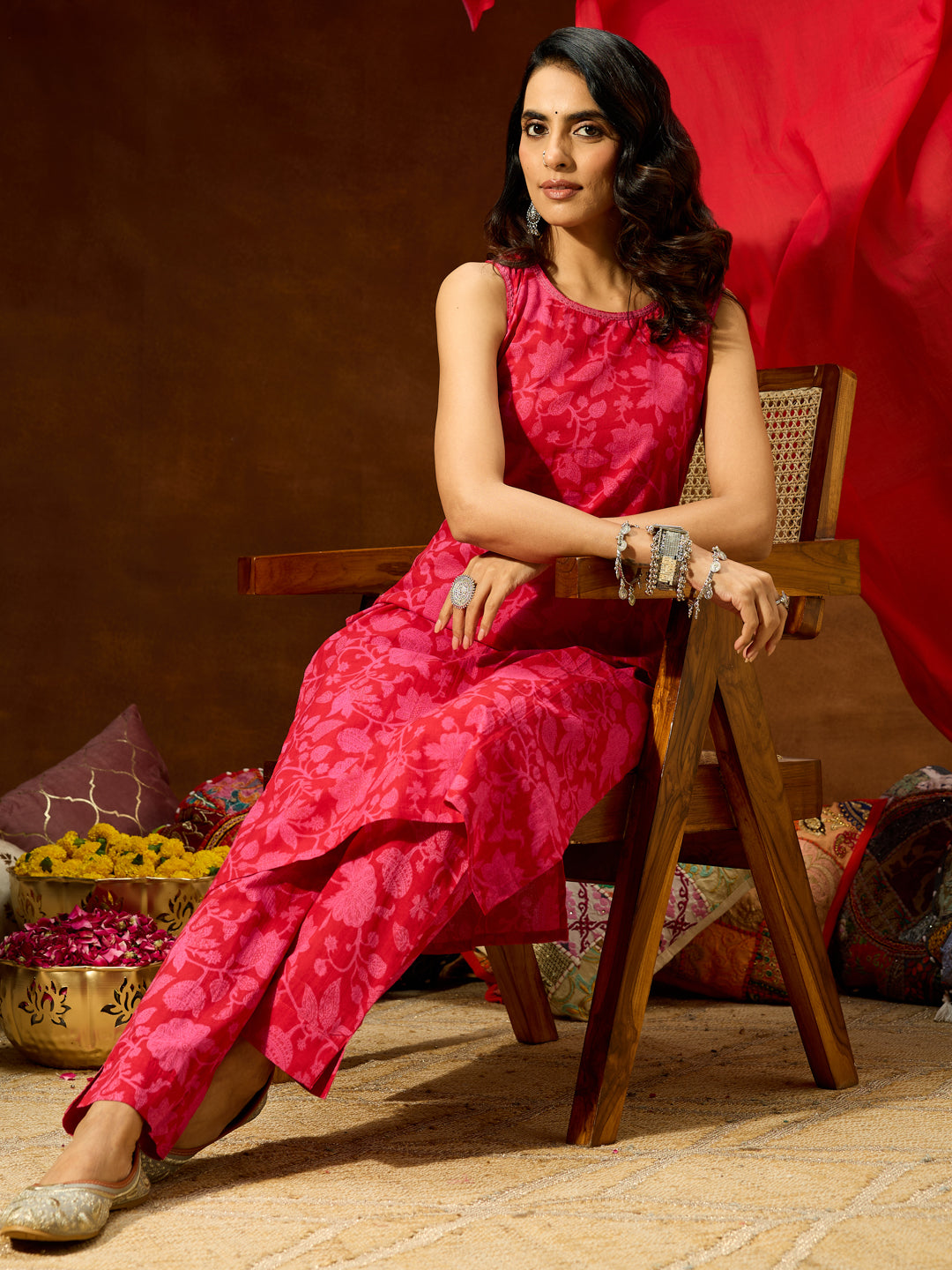 Janasya Women's Pink Pure Cotton Floral Printed Straight Kurta Set - qivii