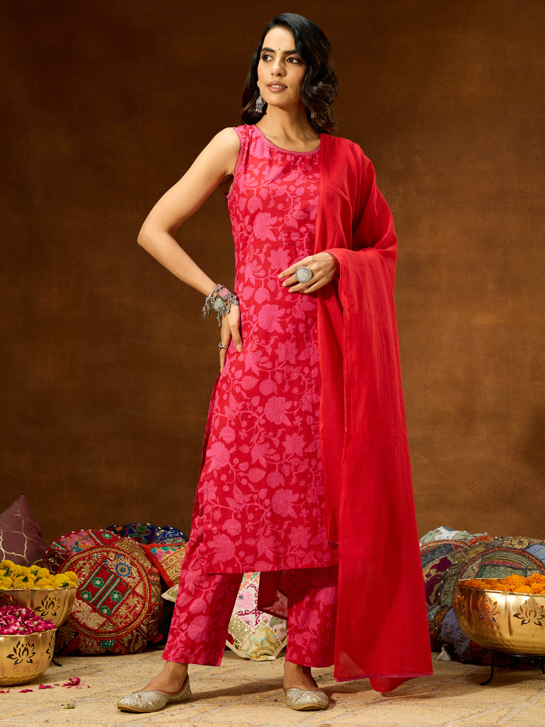 Janasya Women's Pink Pure Cotton Floral Printed Straight Kurta Set