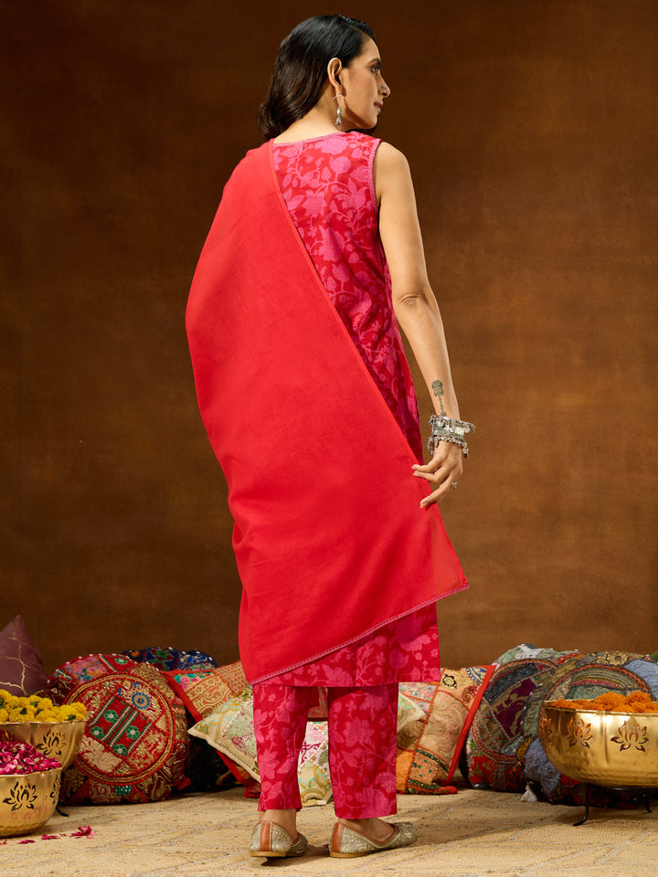 Janasya Women's Pink Pure Cotton Floral Printed Straight Kurta Set - qivii