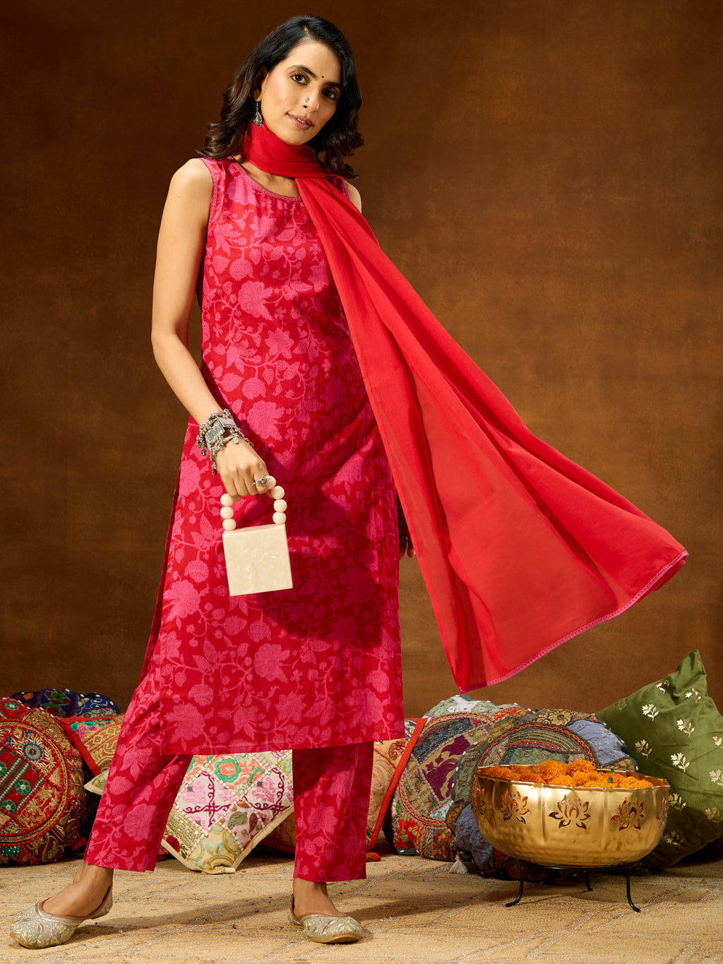 Janasya Women's Pink Pure Cotton Floral Printed Straight Kurta Set