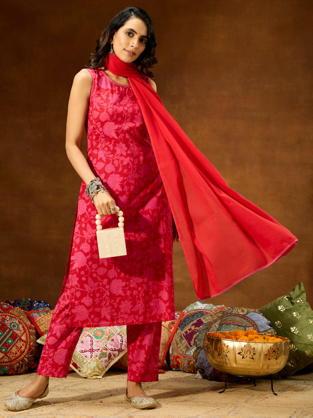 Janasya Women's Pink Pure Cotton Floral Printed Straight Kurta Set - qivii