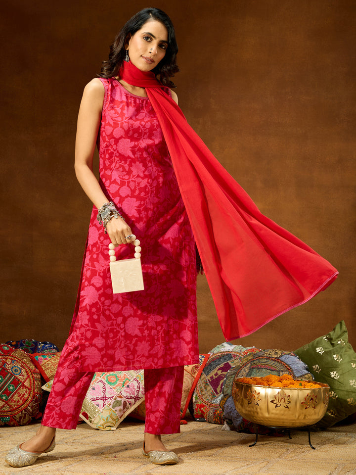 Janasya Women's Pink Pure Cotton Floral Printed Straight Kurta Set - qivii