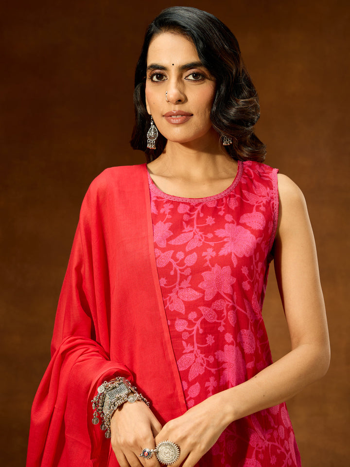 Janasya Women's Pink Pure Cotton Floral Printed Straight Kurta Set - qivii