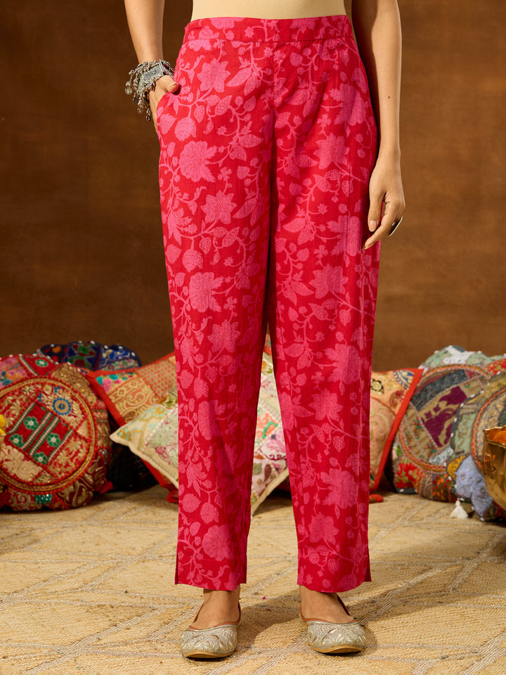 Janasya Women's Pink Pure Cotton Floral Printed Straight Kurta Set - qivii