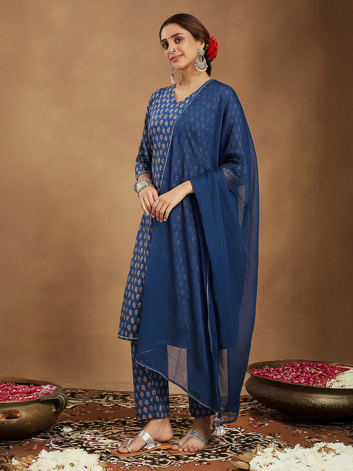 Janasya Women's Blue Pure Cotton Ethnic Motifs Printed Straight Kurta Set