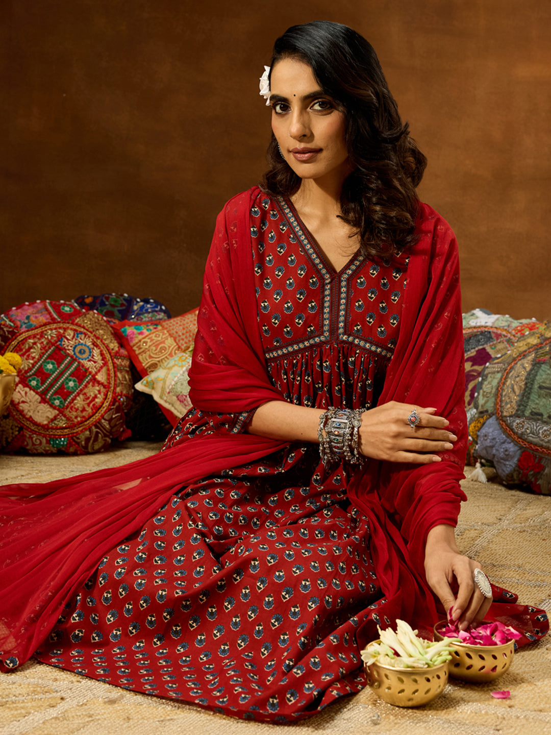 Janasya Women's Maroon Pure Cotton Floral Printed A-line Kurta Set - qivii