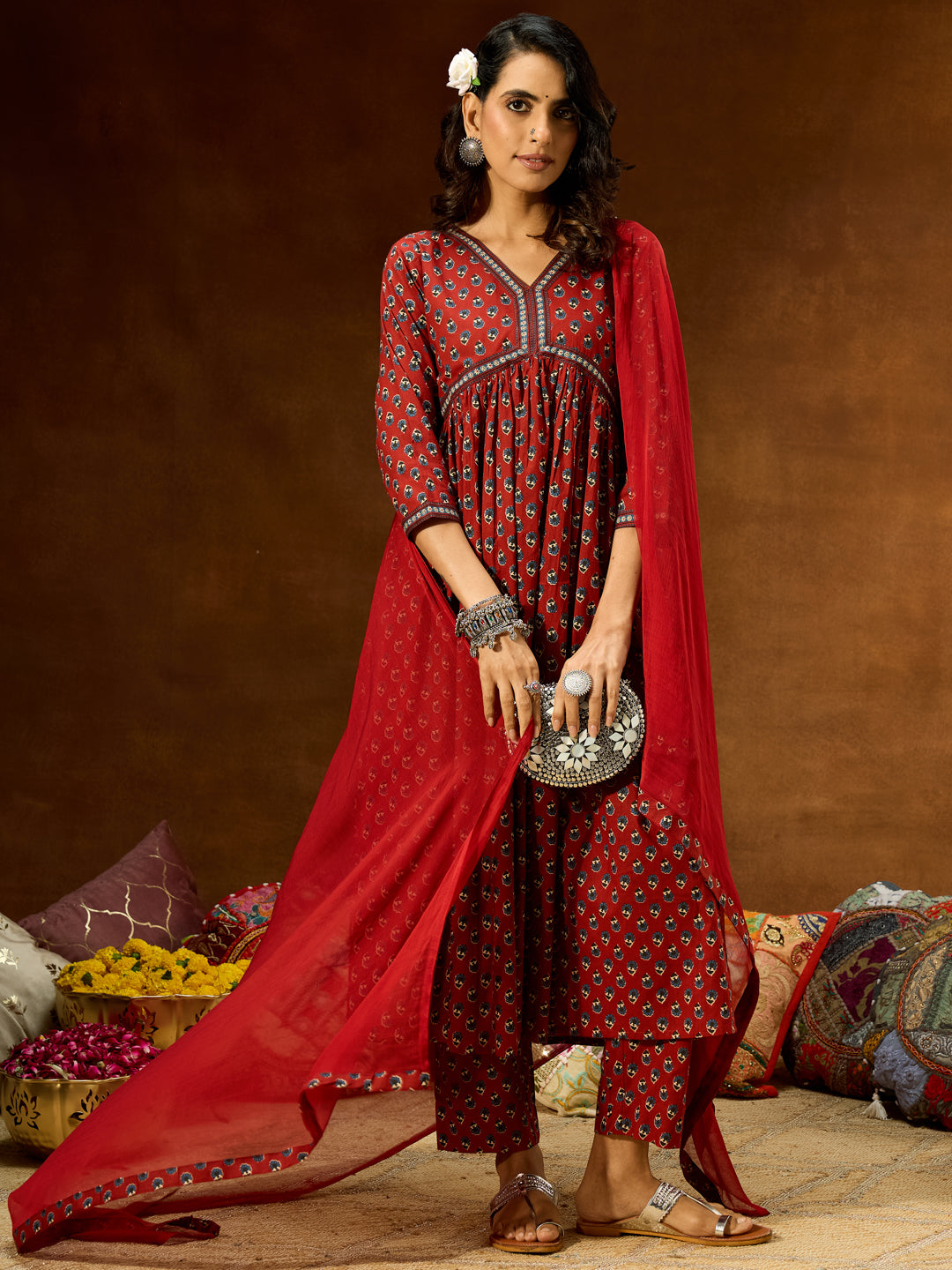 Janasya Women's Maroon Pure Cotton Floral Printed A-line Kurta Set - qivii