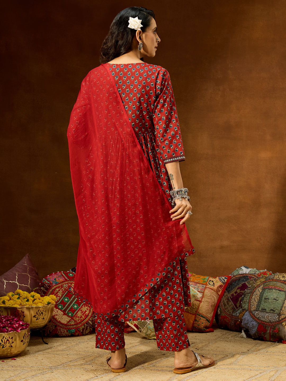 Janasya Women's Maroon Pure Cotton Floral Printed A-line Kurta Set - qivii