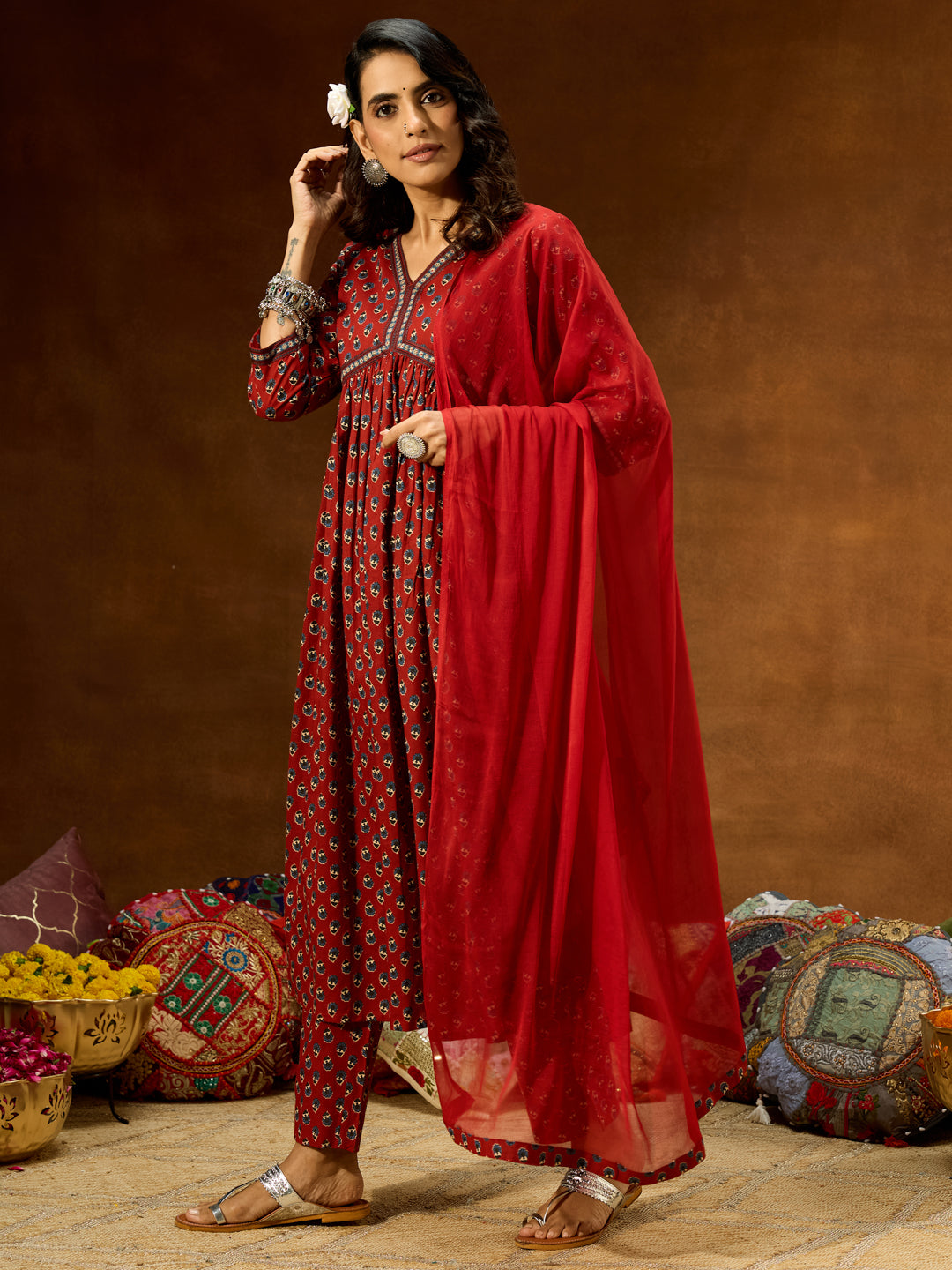 Janasya Women's Maroon Pure Cotton Floral Printed A-line Kurta Set - qivii