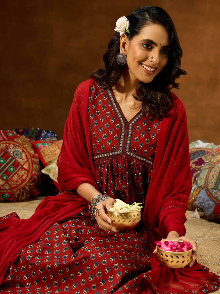 Janasya Women's Maroon Pure Cotton Floral Printed A-line Kurta Set - qivii
