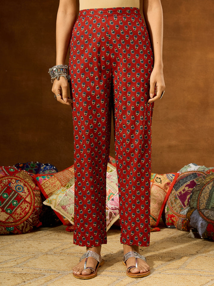 Janasya Women's Maroon Pure Cotton Floral Printed A-line Kurta Set - qivii