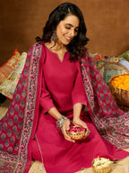 Janasya Women's Magenta Pure Cotton Self Design Straight Kurta Set With Printed Dupatta