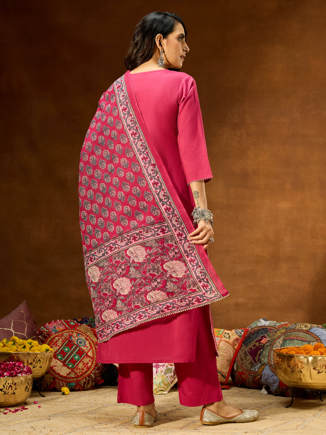 Janasya Women's Magenta Pure Cotton Self Design Straight Kurta Set With Printed Dupatta - qivii