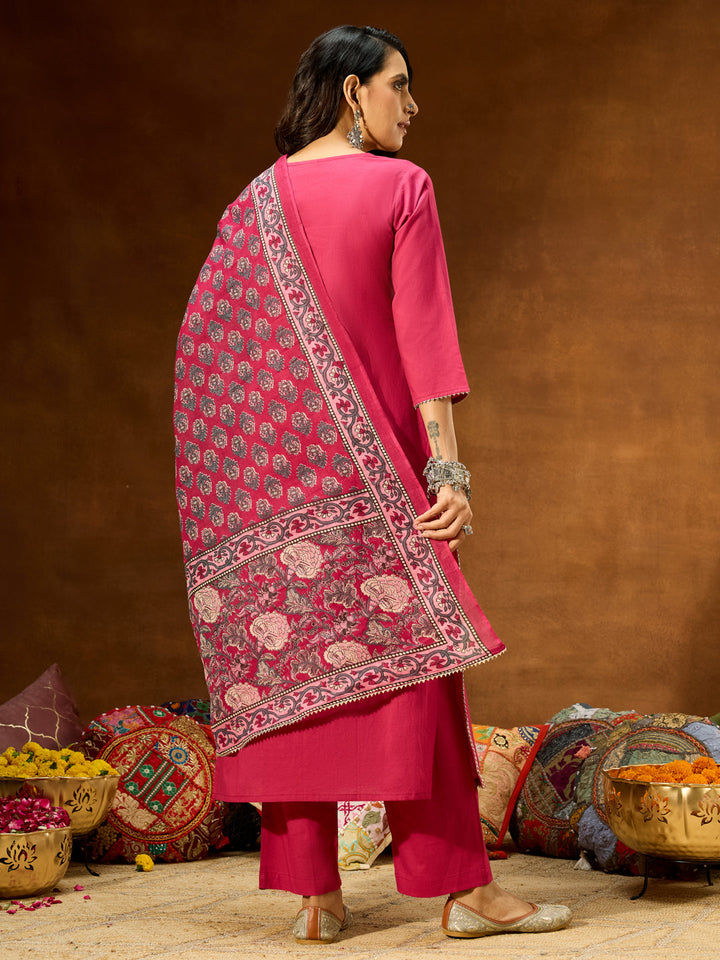 Janasya Women's Magenta Pure Cotton Self Design Straight Kurta Set With Printed Dupatta - qivii