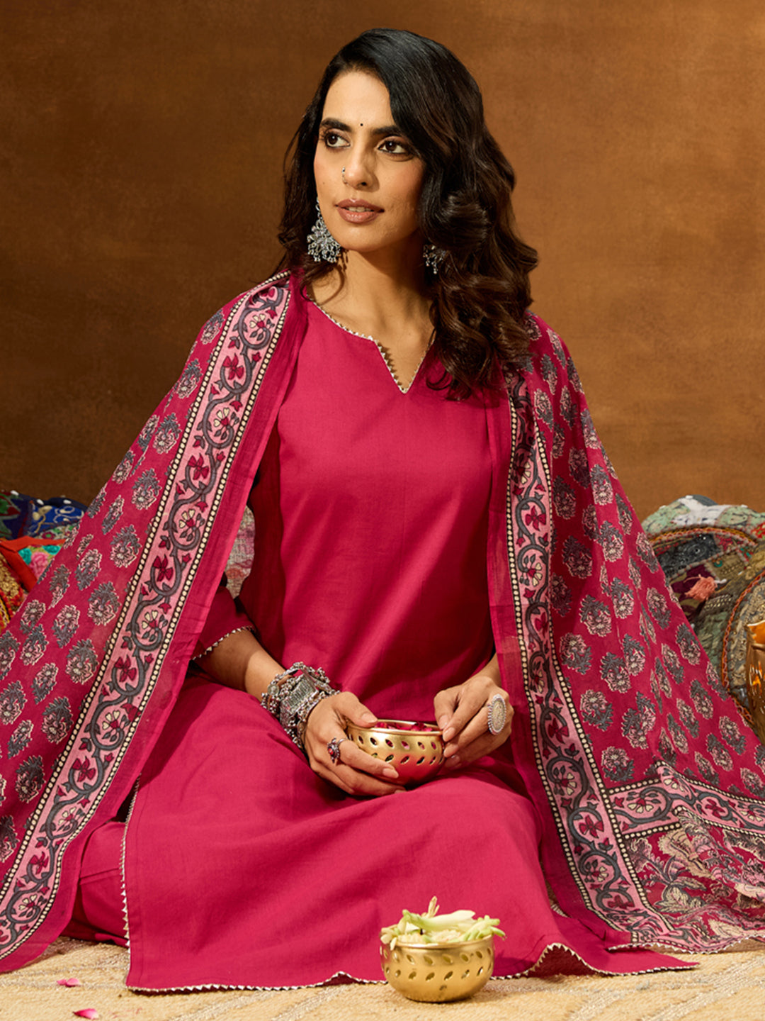 Janasya Women's Magenta Pure Cotton Self Design Straight Kurta Set With Printed Dupatta - qivii