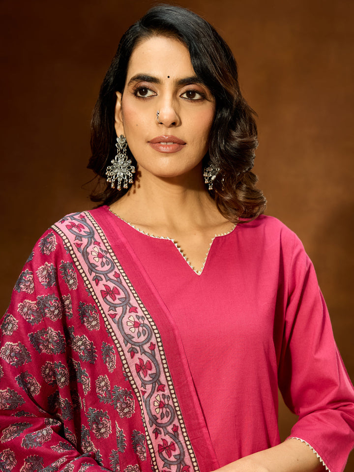 Janasya Women's Magenta Pure Cotton Self Design Straight Kurta Set With Printed Dupatta - qivii