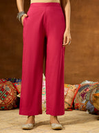 Janasya Women's Magenta Pure Cotton Self Design Straight Kurta Set With Printed Dupatta