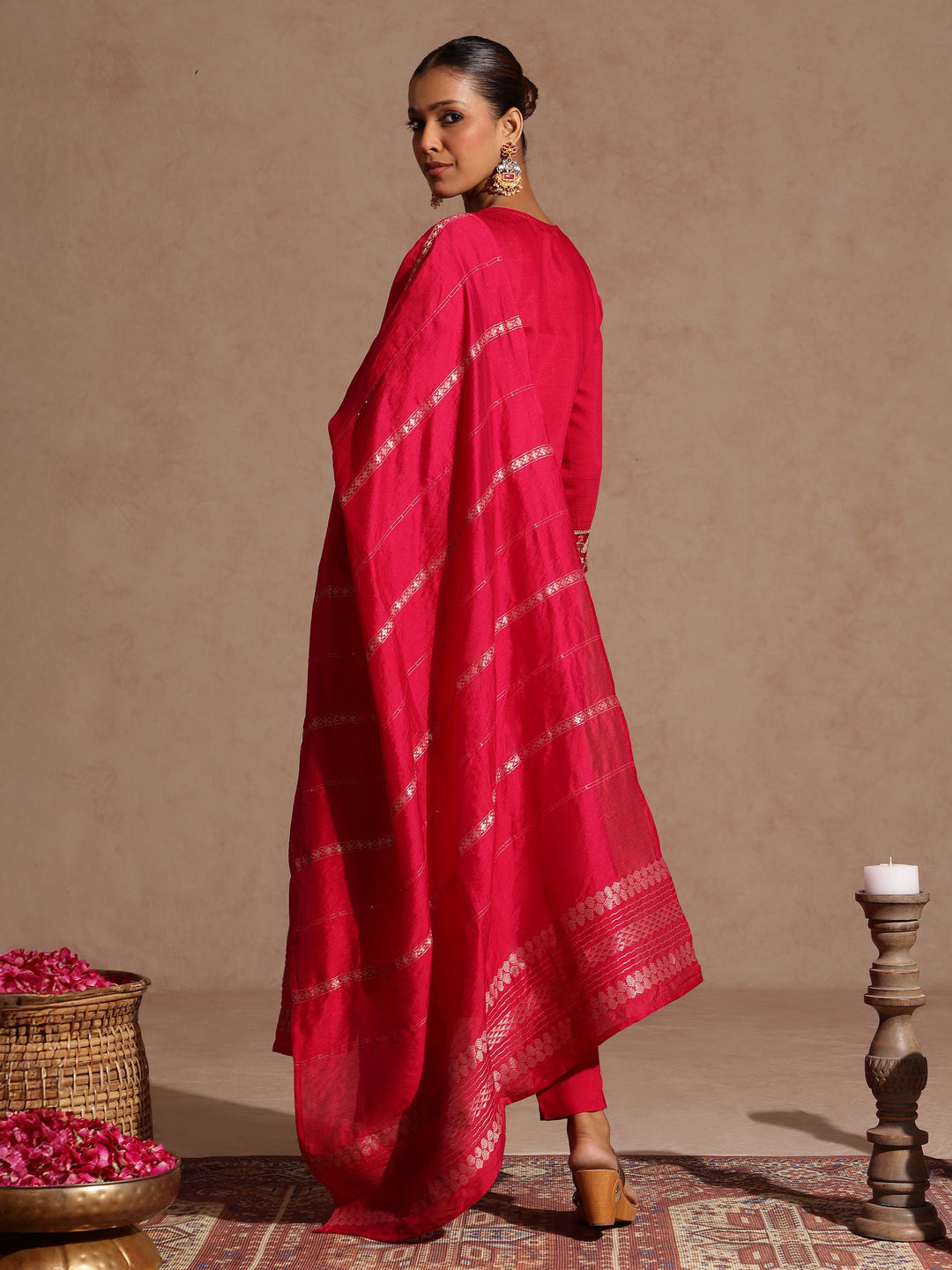 Janasya Women's Pink Silk Blend Embroidered Straight Kurta Set - qivii