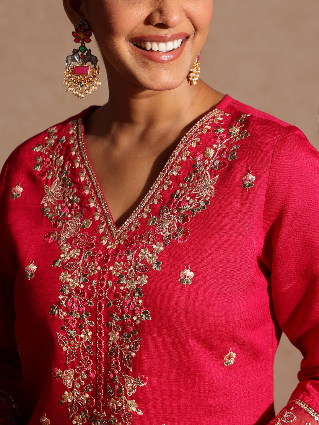 Janasya Women's Pink Silk Blend Embroidered Straight Kurta Set - qivii