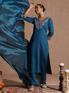 Janasya Women's Teal Blue Silk Blend Yoke Embroidered Straight Kurta Set
