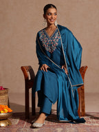 Janasya Women's Teal Blue Silk Blend Yoke Embroidered Straight Kurta Set