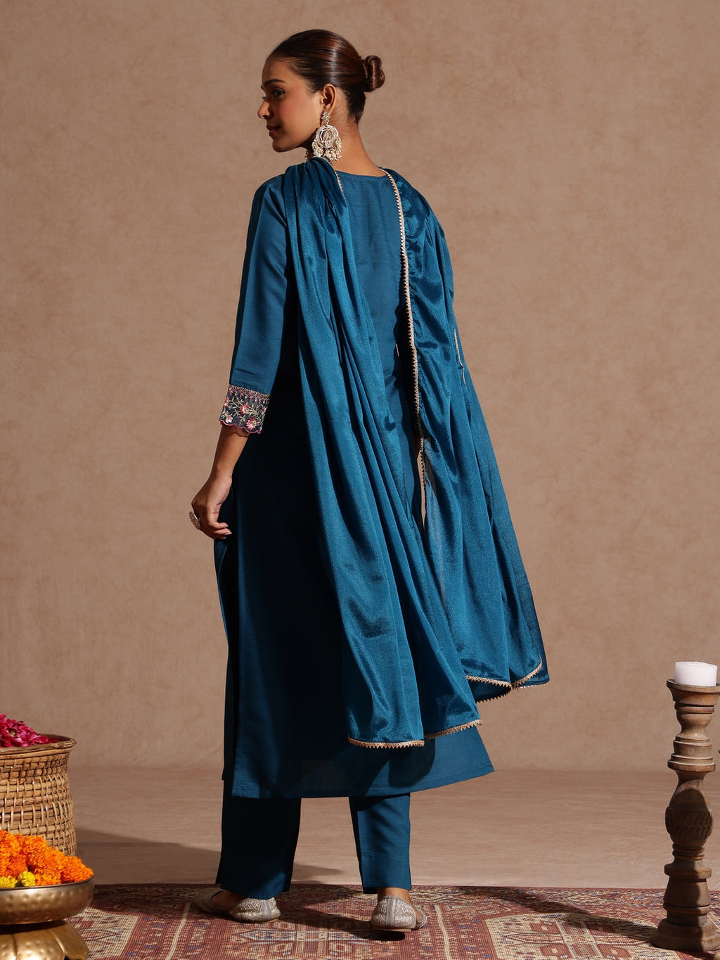 Janasya Women's Teal Blue Silk Blend Yoke Embroidered Straight Kurta Set