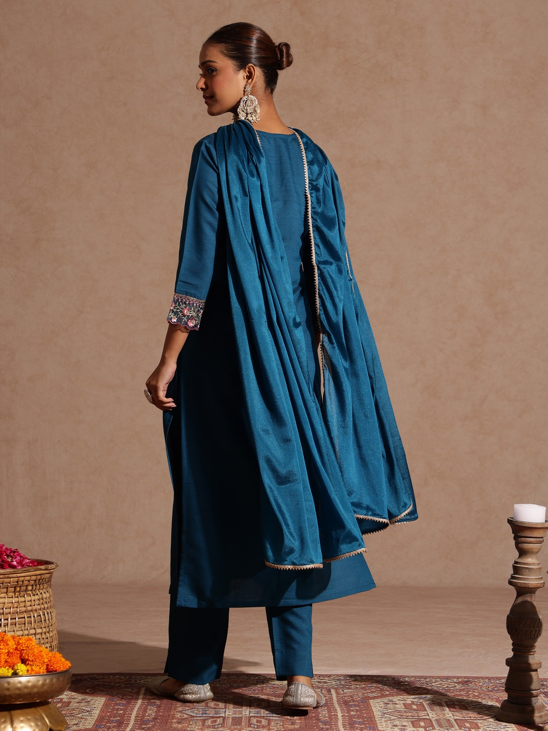 Janasya Women's Teal Blue Silk Blend Yoke Embroidered Straight Kurta Set
