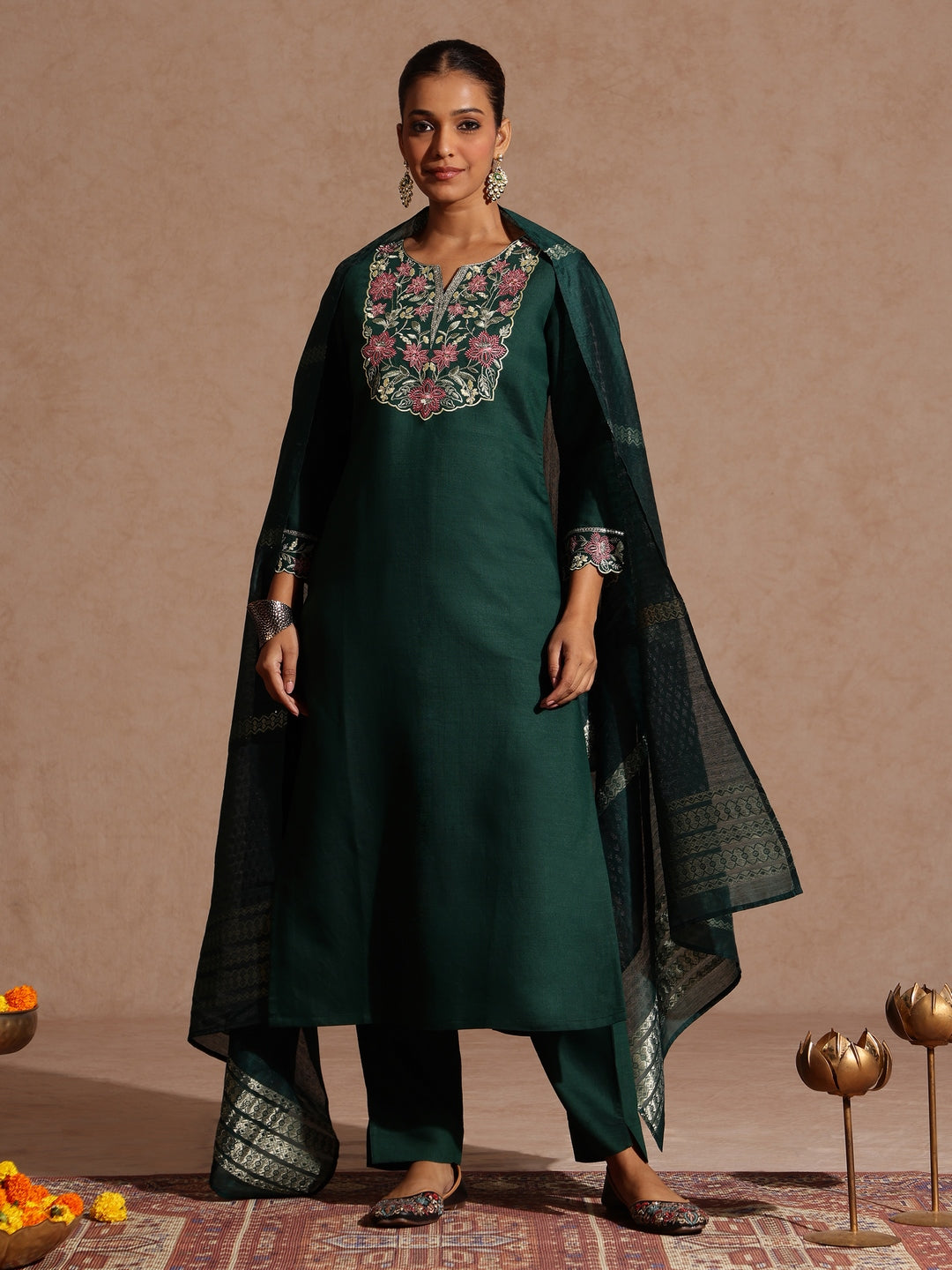 Janasya Women's Bottle Green Silk Blend Yoke Embroidered Straight Kurta Set - qivii