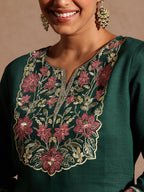 Janasya Women's Bottle Green Silk Blend Yoke Embroidered Straight Kurta Set