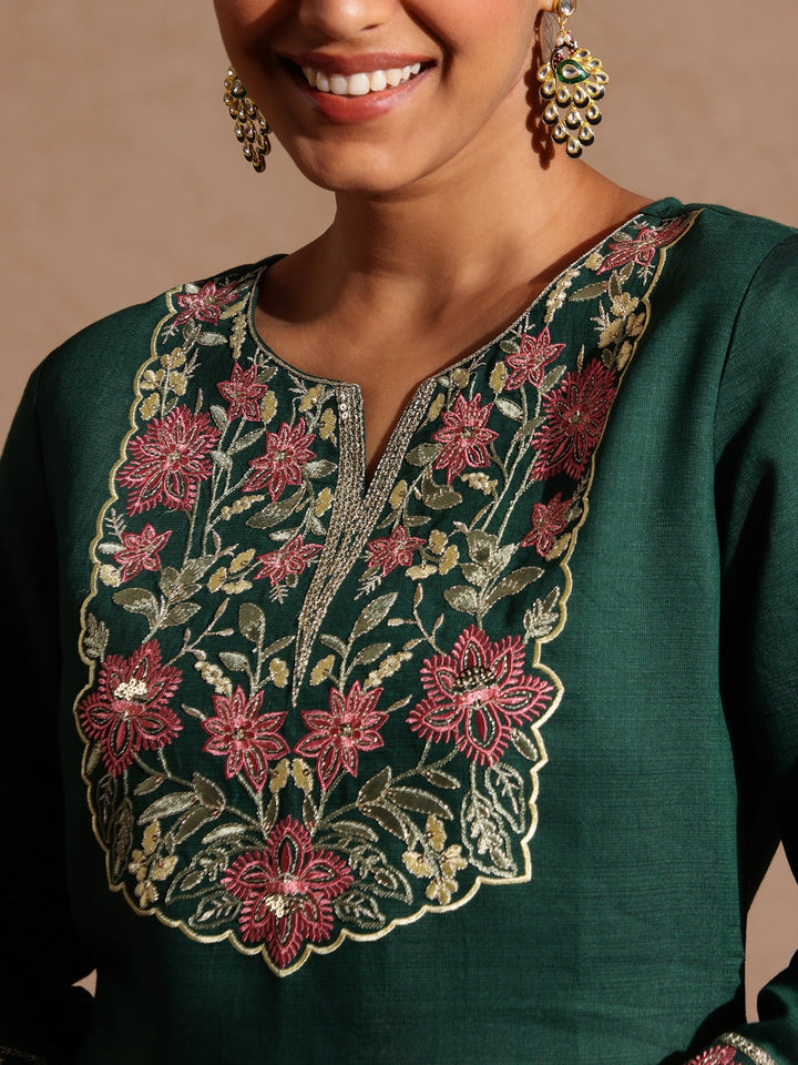 Janasya Women's Bottle Green Silk Blend Yoke Embroidered Straight Kurta Set - qivii