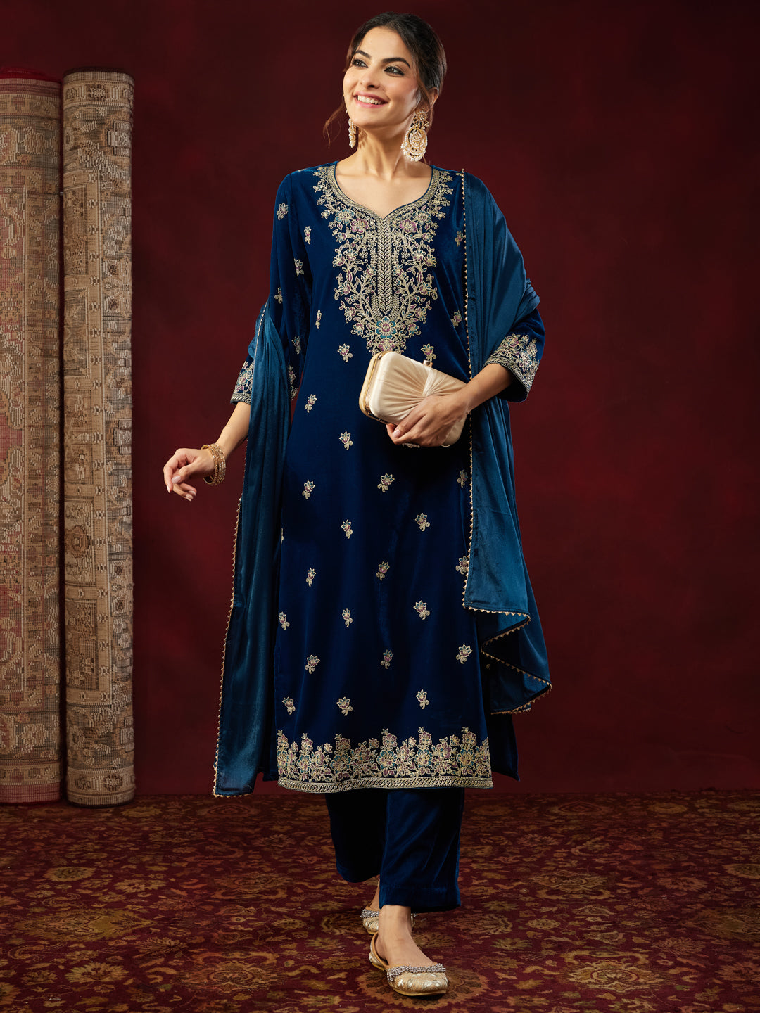 Janasya Women's Teal Blue Velvet Embellished Gold Printed Straight Kurta Set