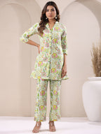 Green Pure Cotton Floral Printed Straight Co-ord Set