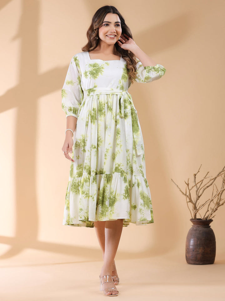 White & Green Pure Cotton Tie & Dye Tiered Dress - qivii