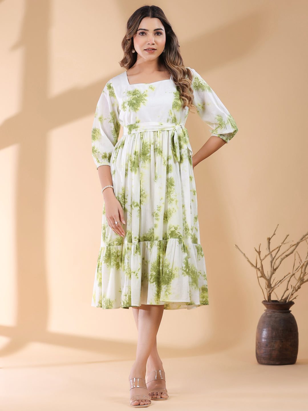 White & Green Pure Cotton Tie & Dye Tiered Dress - qivii