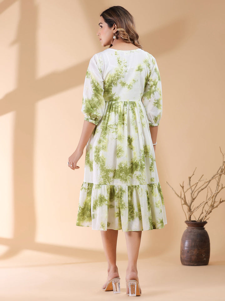 White & Green Pure Cotton Tie & Dye Tiered Dress - qivii