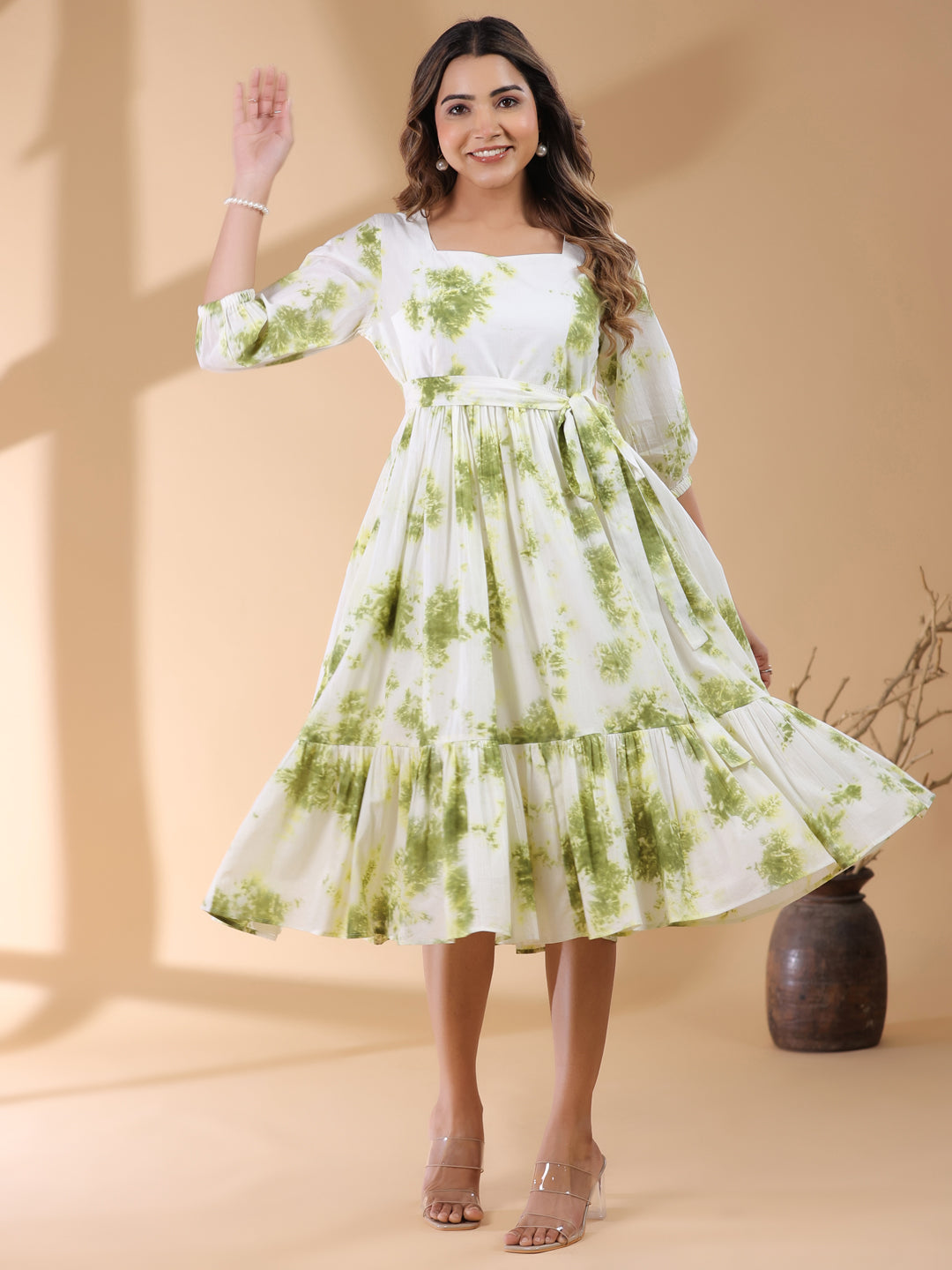 White & Green Pure Cotton Tie & Dye Tiered Dress - qivii