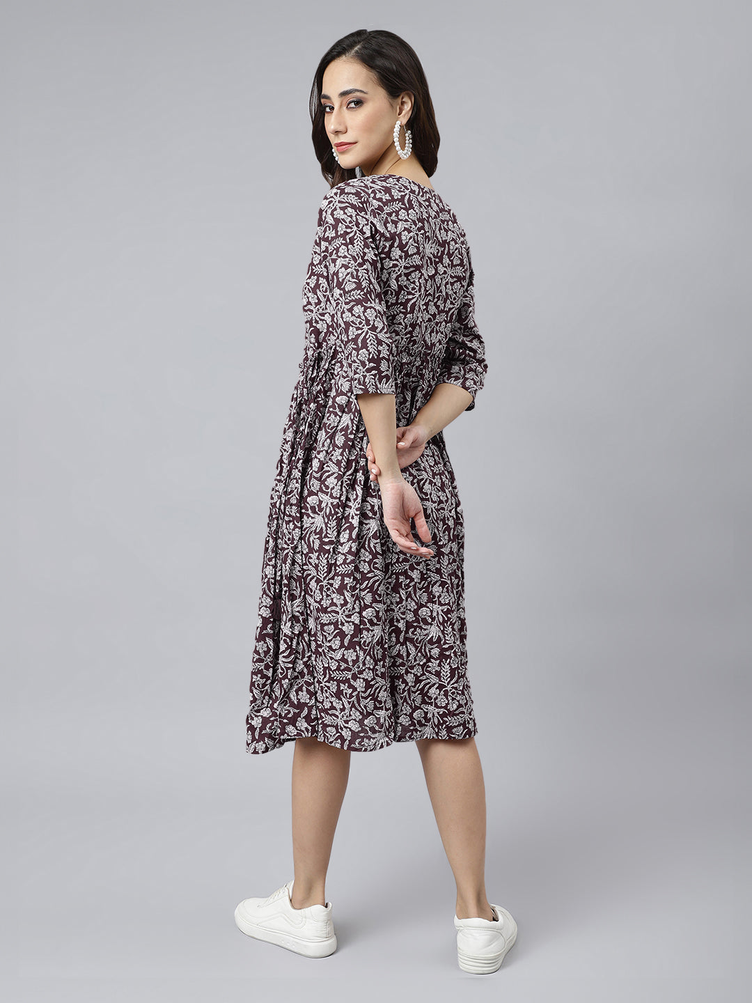 Wine Pure Cotton Floral Printed Angrakha Dress - qivii