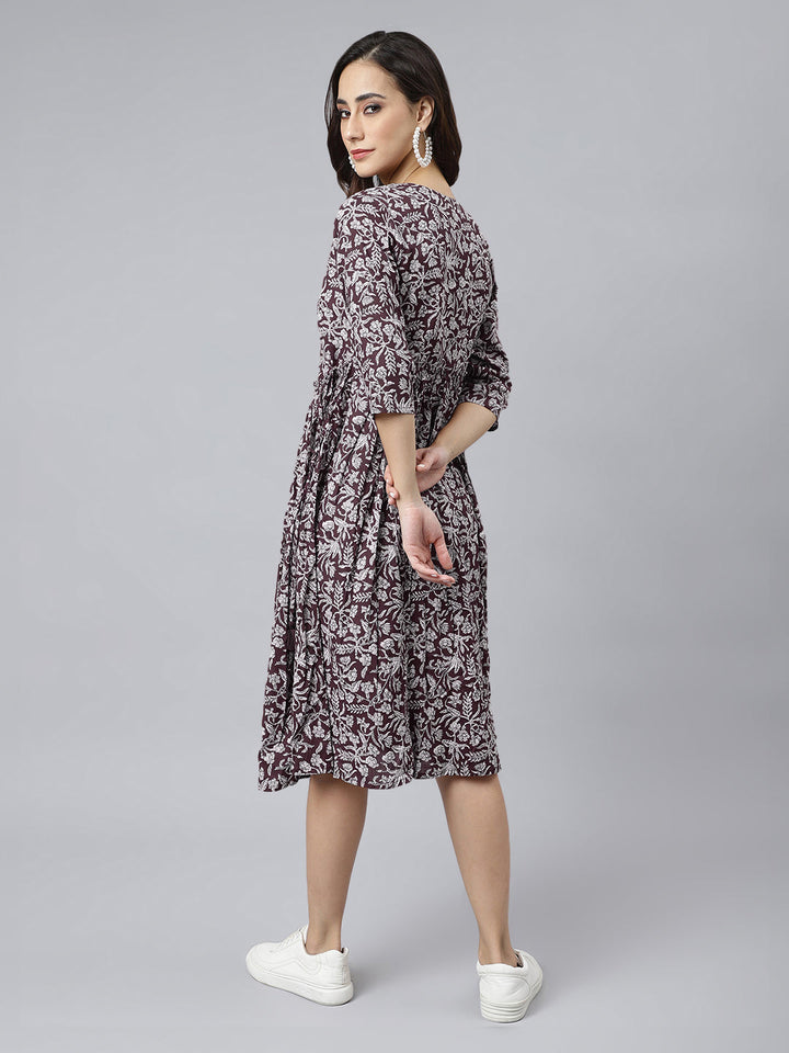 Wine Pure Cotton Floral Printed Angrakha Dress - qivii