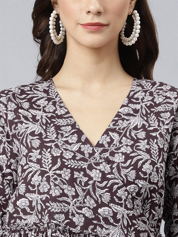 Wine Pure Cotton Floral Printed Angrakha Dress - qivii