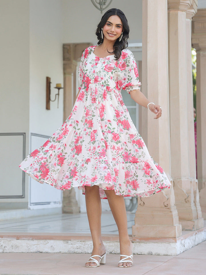 Cream Georgette Floral Printed Tiered Dress - qivii