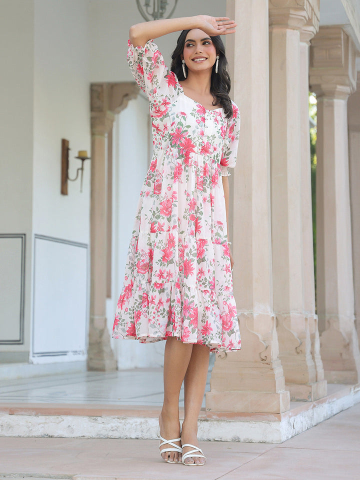Cream Georgette Floral Printed Tiered Dress - qivii