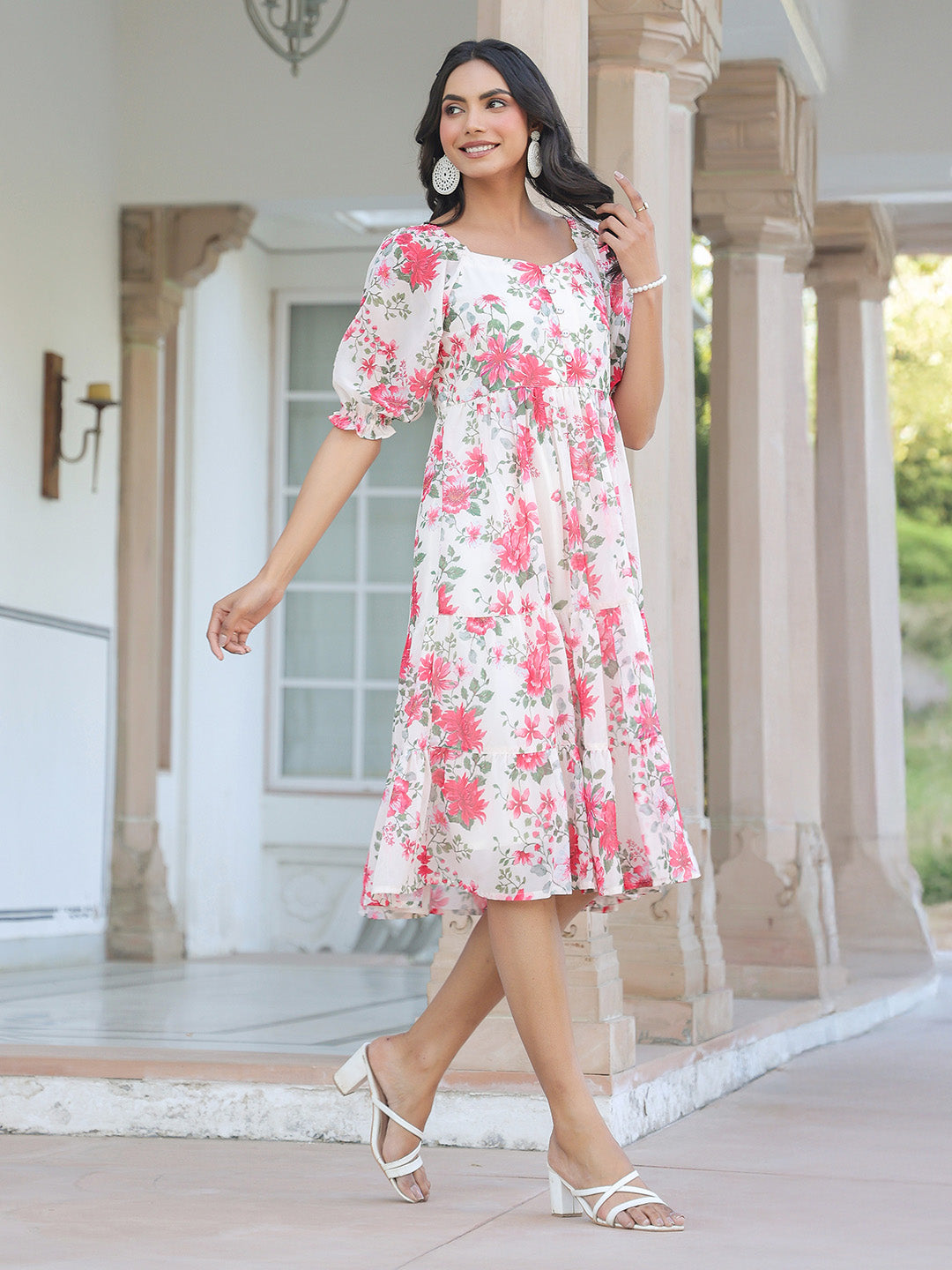 Cream Georgette Floral Printed Tiered Dress - qivii