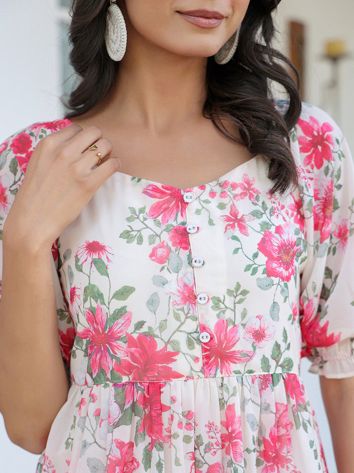 Cream Georgette Floral Printed Tiered Dress - qivii