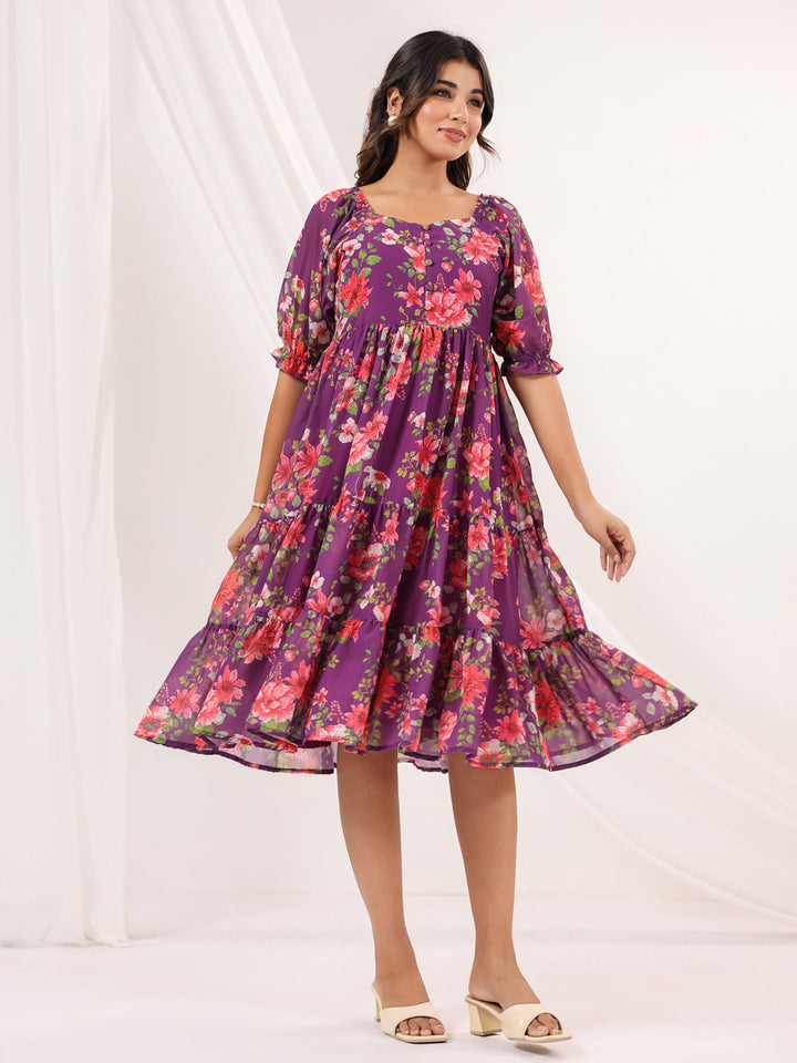 Janasya Women's Purple Georgette Floral Printed Tiered Dress - qivii